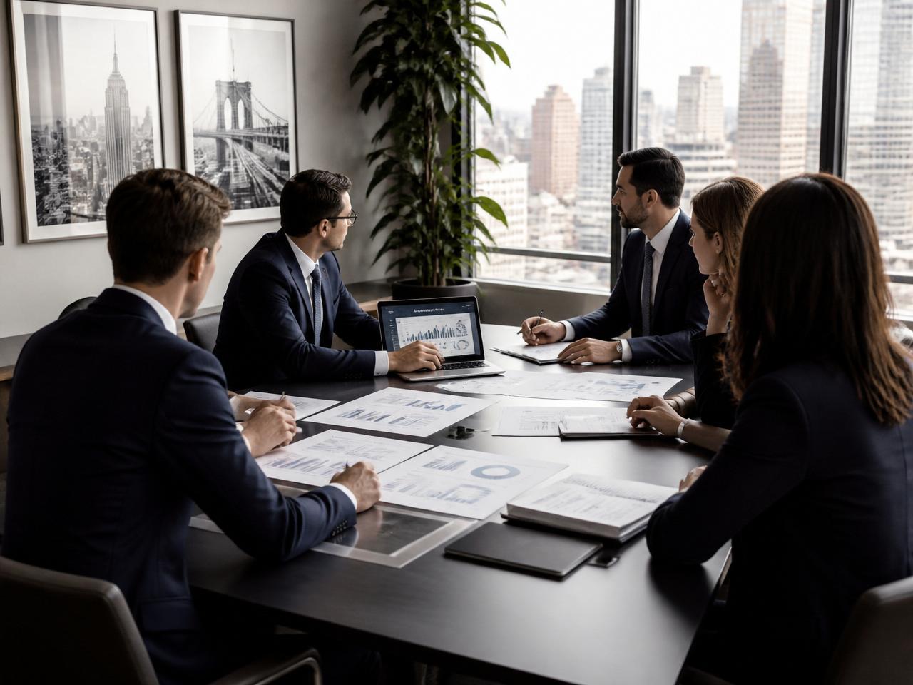 Quantum finance team reviewing strategy in a New York boardroom