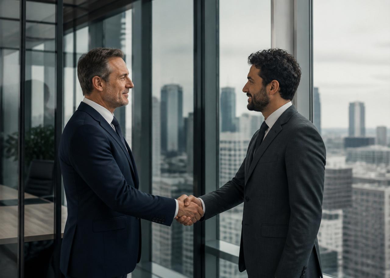 Two professionals shaking hands in a New York office